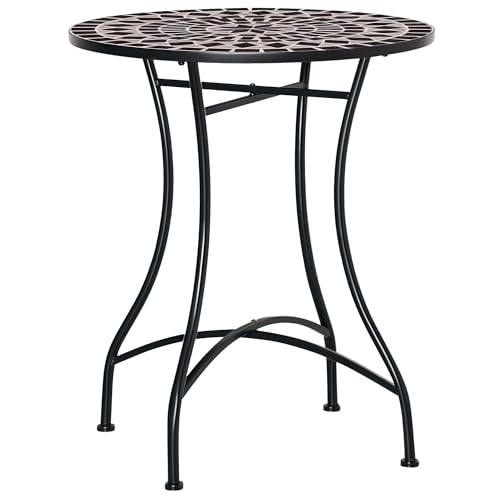 Outsunny 60cm Mosaic Garden Table, Outdoor Side Table with Ceramic Top, Small Round Table for Patio, Balcony, Black