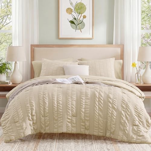 CASAAGUSTO Full Size Comforter Set, 7 Pieces Beige Seersucker Bed in a Bag Full Size Soft All Seasons, Bedding Sets with Comforter, Flat Sheet, Fitted Sheet, 2 Pillow Shams, 2 Pillowcases