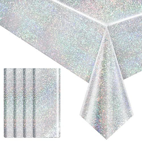 "4 pcs Silver Holographic Tablecloths Shiny Disco Laser Table Cloths 40"" x 108"" Iridescence Plastic White Table Cover for Disco Birthday Party Decoration Wedding Christmas Winter Grad Party Supplies"