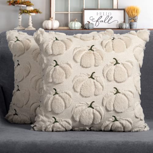"4TH Emotion Fall Pumpkins Decorative Pillow Covers 18""x18"" Set of 2, Beige Soft Plush Faux Fur Throw Cushion Cases for Autumn Thanksgiving Holiday Home Decorations"