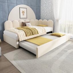 Ball & Cast Upholstered Bed Daybed With Pull-Out Bed, 3FT Single Sofa Bed 90X190cm, Guest Beds For Adults and Children, Bed With Metal Slatted Frame, Velvet, Beige (No Mattress)