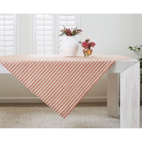 Solino Home 100% Pure Linen Table Cloth, Throw, 52 x 52 in, Pumpkin Striped - Amalfi Stripe Linen Tablecloth a neat topper for small tables woven stripe design Pumpkin and Natural OEKO-TEX Certified