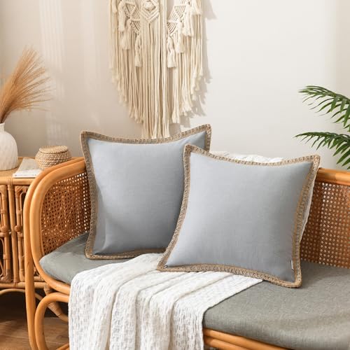 "NordECO HOME Set of 2 Throw Pillow Covers - Burlap Linen Trimmed Tailored Edges Decorative Cushion Covers for Bed Home Decoration (2 Pieces, 16"" x16"", Concrete Grey)"