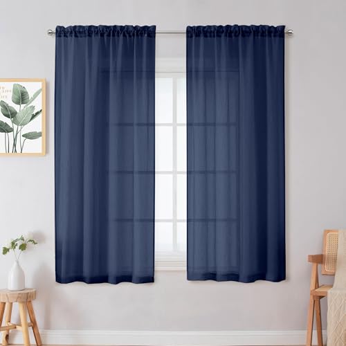 Chyhomenyc Crushed Sheer Curtains 63 Inch Length 2 Panels, Crinkle Voile Light Filtering Short Sheer Curtains for Bedroom Living Room, Each 42Wx63L Inches, Navy Blue
