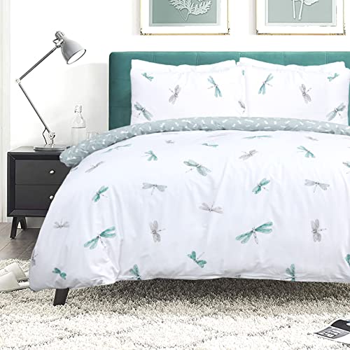 Sleepdown Dragonfly White Green Reversible Duvet Cover Quilt Pipe Edge Pillow Case Bedding Set Soft Easy Care - Single (135cm x 200cm)