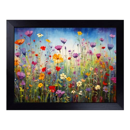 Lap Tray with Bean Bag Cushion, Wildflowers Action - Handmade in the UK, Raised Wooden Edge, Padded Cushion, Heat-Resistant Wipe-Clean Surface, for Meals, Laptops and Crafts