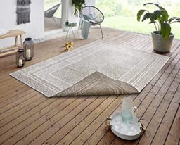 HANSE Home Frame Flat Weave Indoor and Outdoor Reversible Rug Weatherproof Modern Design Rug for Balcony, Patio, Garden, Conservatory, Living Room Rug, Waterproof, 80 x 250 cm, Linen