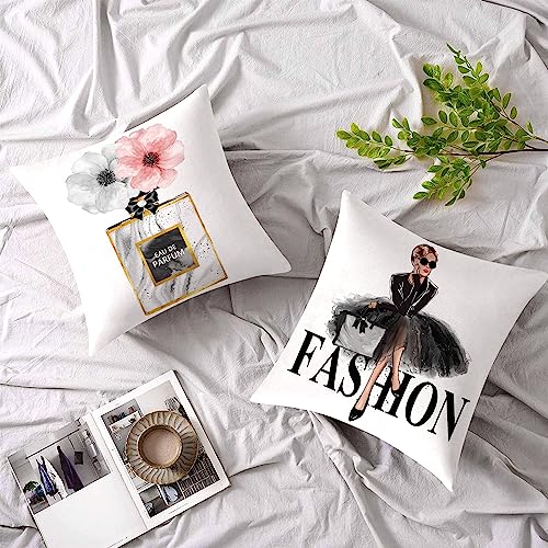 FCOZM Fashion Women Decorative Pillow Covers 18x18 Gold Perfume Bottle with Pink Flower Throw Pillow Covers for Couch Black and White Square Velvet Pillow Cases Teen Girl Women Bedroom Decor (02)