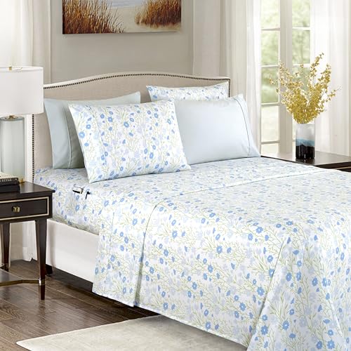 Elegant Comfort Softest and Coziest 6-Piece Sheet Set - 1500 Premium Hotel Quality Microfiber - Deep Pocket, Wrinkle Resistant 6-Piece Floral Bed Sheet Set, Queen, Laurel Blue