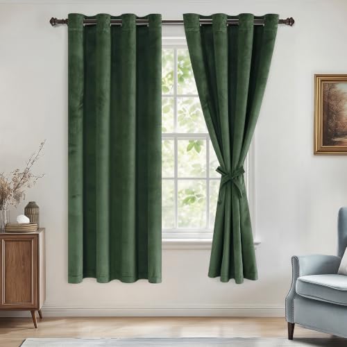 DWCN Velvet Curtain Panels - Olive Green Bundleable Grommet Top Thermal Insulated Window Treatment Set Home Decor Modern Curtains for Bedroom Living Room W52 x L63, 2 Panels