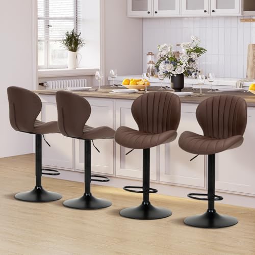 COLAMY Breakfast Bar Stools Set of 4, Modern Swivel Kitchen Bar Chairs, Adjustable PU Leather Upholstered Barstools Counter Height with High Backrest for Kitchen Island, Dining Room, Brown