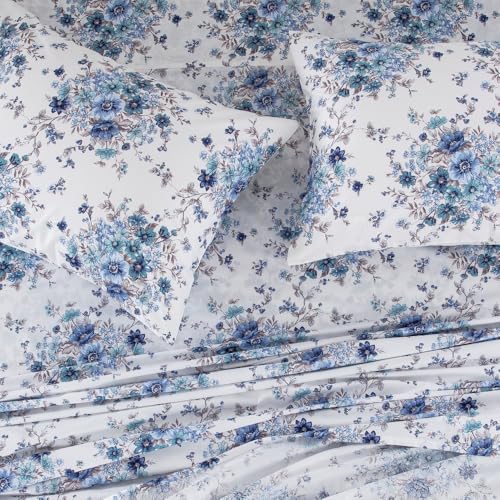 "DAUAOTO Twin Size Printed Sheets Set, 100% Cotton Bedding Sets, Up to 14"" Deep Mattress, Floral Pattern Bedlinen Set, French Blue"
