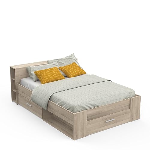 Demeyere Lit Avec Rangement 140x190 Style Contemporain 3 Tiroirs – Coloris Chêne - 150,1 x 217,1 x 74,3 cm