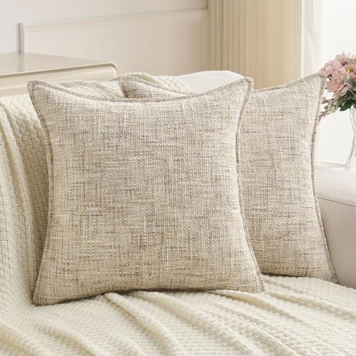 FUTEI Pack of 2 Tweed Chenille Throw Pillow Covers 22x22 Inch, Beige - Premium Chenille Front/ Smooth Velvet Back,Hidden Zipper,Machine Washable,Pilling-Resistant,Colorfast, Insert Not Included.