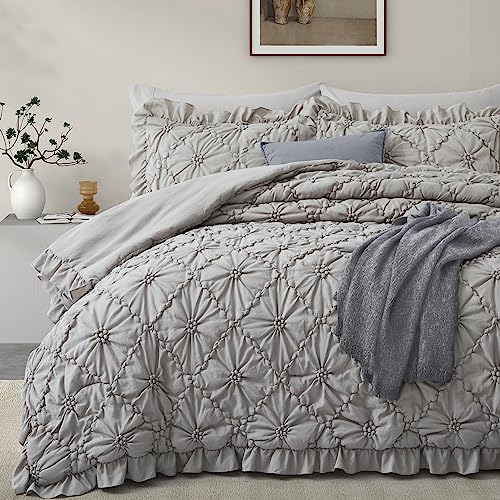 "BEDAZZLED Comforter Set Queen Size, 3 Pieces Bed in a Bag Pinch Pleat Exquisite Comforter, Boho Down-Alternative Bedding with Ruffled Shams All Season Available, Grey (90""*88"")"