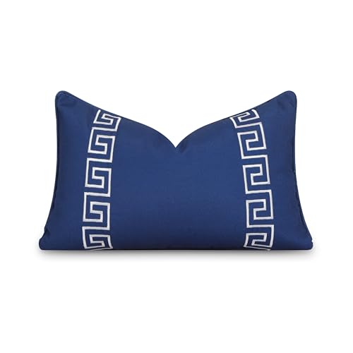 "Hofdeco Premium Coastal Patio Indoor Outdoor Lumbar Pillow Cover Only, 12""x20"" Water Repellent for Backyard, Couch, Navy Blue Embroidered Greek Key with Piping"