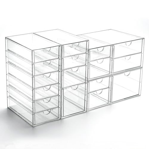 Prsildan Acrylic Makeup Organizer with 17 Drawers, Set of 4 Office Desk Organizers Accessories, Clear Stackable Storage Drawers for Vanity, Countertop, Craft, Jewelry, Art Supply Office Organization