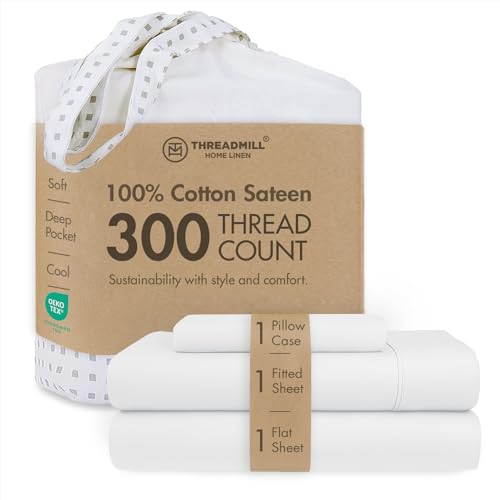 Threadmill Home Linen Twin Sheets - Pure Long Staple Cotton Sateen Weave, 3 Piece 300 Thread Count Bedsheet Set, Solid Hotel White Sheets with Elasticized Deep Pocket
