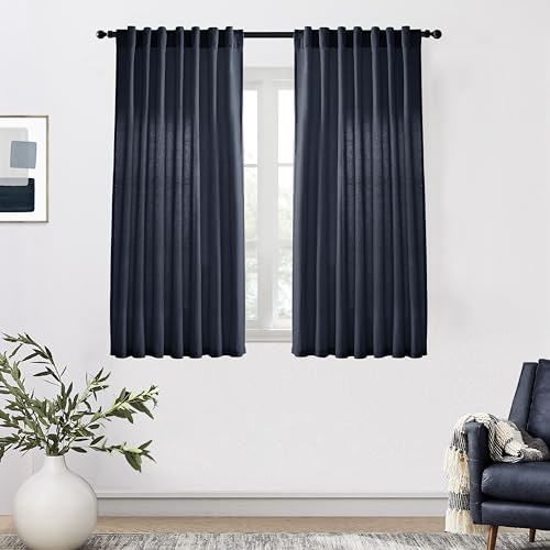 XTMYI Navy Blue Short Length Curtains for Windows,Linen Sheer Cutains for Bedroom Kitchen,45 Inch Long