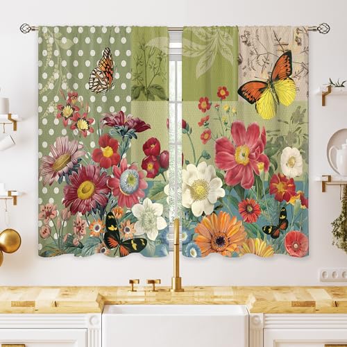 oolygoo Spring Summer Vintage Flower Small Kitchen Curtains Green Floral Botanical Window Treatment Rustic Plant Cafe Short Window Curtains for Bathroom Dining Room Tier Treatment Drapes 27.5x39 inch