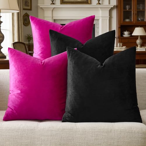 GIGIZAZA Pillow Covers 18x18 Set of 4,Black Hot Pink Velvet Soft Pillow Covers Decorative Square Modern Pillows Cushion Cases for Living Room