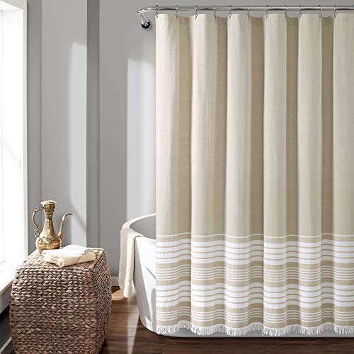 "Lush Decor Nantucket Yarn Dyed Cotton Tassel Fringe Shower Curtain, 72"" x 72"", Taupe, 72"" W x 72"" L (Pack of 1)"