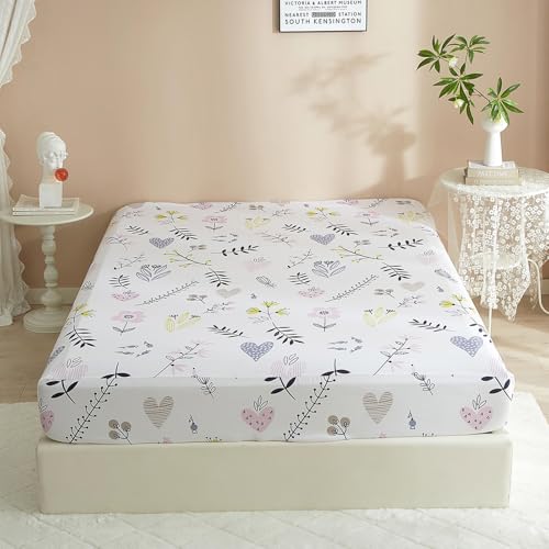 "HighBuy Queen Fitted Sheet Only - White Pink Botanical Floral - Ultra-Soft 15"" Deep Pocket All Around Elastic - Luxury Microfiber Extra Soft Cooling Fitted Sheet for Women Girls Hot Sleepers"