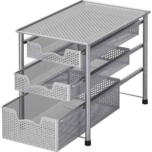 Simple Houseware Stackable 3 Tier Sliding Basket Organizer Drawer, Silver