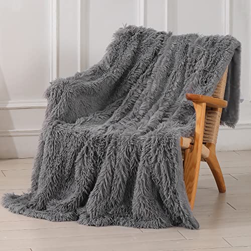 "Tuddrom Decorative Extra Soft Faux Fur Throw Blanket 50""x60"",Solid Lightweight Fuzzy Reversible Long Hair Shaggy Blanket,Fluffy Cozy Plush Mink Fleece Comfy Microfiber Blanket for Couch Sofa Bed, Grey"
