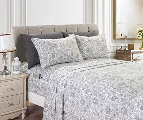 Elegant Comfort Amelia Paisley Printed 6-Piece Sheet Set, Deep Pocket 1500 Thread Count, Fade, Stain, and Wrinkle Resistant, Fitted Sheets with Smart Pockets, Paisley Sheet Set, Queen, Ash Gray