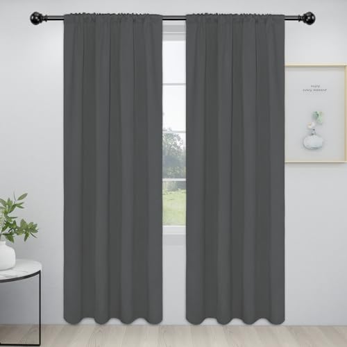 Easy-Going Rod Pocket Blackout Curtains for Bedroom, Room Darkening Window Curtains for Living Room, Thermal Insulated Noise Reduction Solid Window Drapes, Window Treatments, 2 Panels(34x84 in, Grey)
