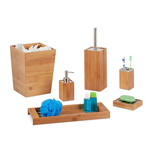 Relaxdays Bathroom Set, 6-Piece, Bamboo, Soap Dispenser and Dish, Natural - Toilet Brush, Toothbrush Holder, Tray, Bin