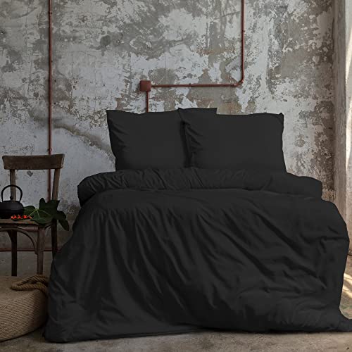 Komfortec Premium Bed Linen 140 x 200 cm Duvet Cover + 80 x 80 cm Pillowcase, Brushed 100% Polyester Microfibre 120 g/m², 2-Piece Super Soft Bedding Set, Black