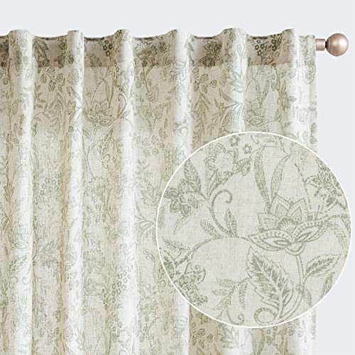 Lazzzy Linen Farmhouse Green Floral Print Curtains - 84 Inch Long Back Tab Drapes for Living Room & Bedroom - Semi Sheer Patterned Country Vintage Curtains - 2 Panel Set - Rod Pocket - Green on Beige
