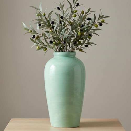 Wancetang Green Ceramic Vase - 11 Inch Tall Modern Decorative Flower Vase for Living Room, Pottery Centerpiece Vases Home Decor, Eucalyptus, Mantel Decor, Side Table, Kitchen Decoration