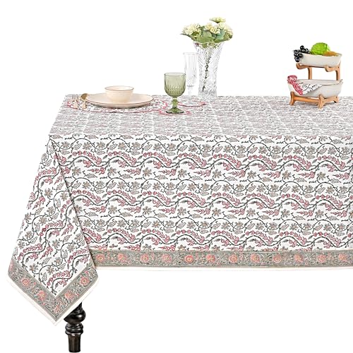 "Ridhi Coral Pink Hand Block Print Cotton Rectangle Tablecloth 120"" x 80"" inches Reusable Table Cover Decorative Everyday Use for Dining Room, Farmhouse, Home Gift for Spring, Mother's Day"