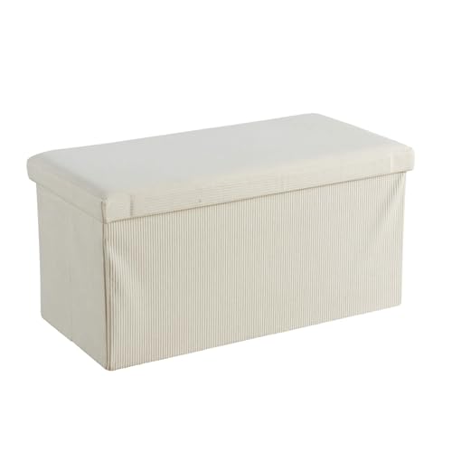 Home Source Large Folding Ottoman Corduroy Fabric Storage Chest, Cream, 76cm Rectangle