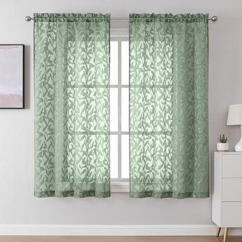 "Lecloud Leia Sage Green Sheer Curtains 63 Inch Length 2 Panels, Rustic Light Filtering Privacy Voile Leaf Aesthetic Curtain, Dual Rod Pockets Drapes for Living Room Dining Room, Each 42"" W x 63"" L"