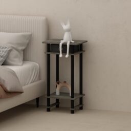 Furinno TURN-N-TUBE Night Stand, 3-Tier Open Shelf Design Nightstand with Storage Bin, Tall Narrow Bedside Table, End Table, Side Table, Toolless Assembly, for Bedroom, Living Room, French Oak