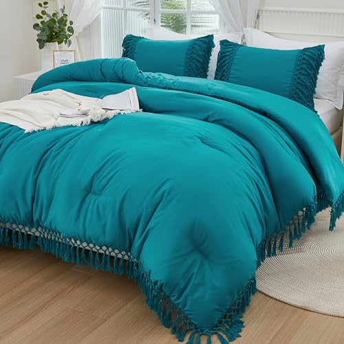 Andency Turquoise Comforter Set Cal King, 3 Pieces Boho Tassel Bedding - Lightweight Soft Comforter Sets(104x96In) and 2 Pillowcases, All-Season Fluffy Fringe