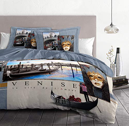 Home Passion 54204 3-Piece Cotton Duvet Cover Set, 57 Thread Count, Venice Design, Blue, 220 x 240 cm [French Language Version]