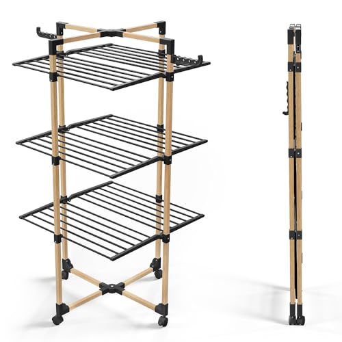 VOUNOT?? 3-Tier Folding Tower Clothes Airer Large Capacity 25m Drying Rack with 4 Wheels 2 Side Wings for Indoor and Outdoor Use Black