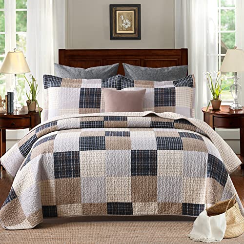 PANGUSHAN King Size Quilt Set, 100% Cotton, Farmhouse Plaid, Cream/Brown/Blue-Black/Off-White, 3-Piece (1 Quilt + 2 Pillow Shams)
