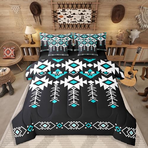 Erosebridal Full Western Aztec Bed in A Bag 7 Piece for Boys, Native American Navajo Comforter Set Rustic Southwestern Bedding Set Ethnic American Native Geometric Sheet Sets for Teens Adult, Black