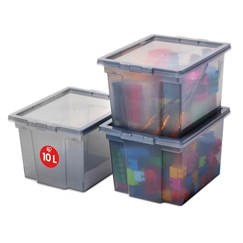Iris Ohyama, Storage Boxes with Lids, Plastic Storage Box with Lid, Stackable inside & out, 10L/3Pack, BPA Free, Grey, W29 x D24 x H18.5cm, USB-S