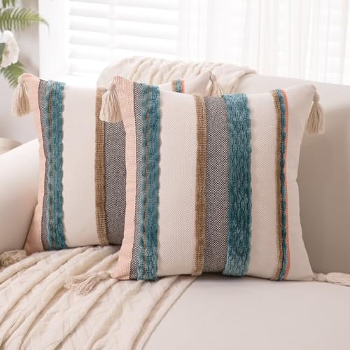 WANLIRD Boho Throw Pillow Covers 18x18 Set of 2 Woven Tufted Farmhouse Pillows Cover with Tassels Textured Striped Cushion Case Neutral Pillow Cases Decorative Pillowcase for Sofa Couch Bed,Blue