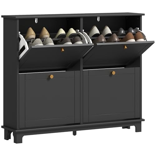 HOMCOM Narrow Shoe Storage Cabinet for Hallway, Modern Slim Shoe Cabinet with 4 Flip Drawers and Adjustable Shelves for 16 Pairs of Shoes, Black