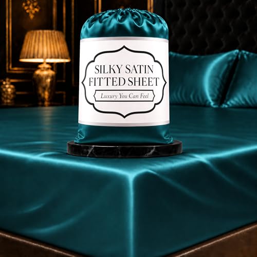DECOLURE Satin Fitted Sheet Full Size (1 PC) ??? Luxuriously Smooth & Softer Than Silk Bed Sheets w/ 15 Inch Deep Pocket Hypoallergenic Wrinkle Free, Secure Snug Fit, Elastic Corner Straps (Sea Teal)