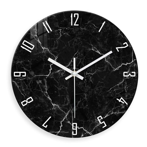Constantplanet Glass Marble Wall Clocks Battery Operated 20 Inch - Minimalist Wall Clock for Living Room Office Bedroom Kitchen Decor Big Black Wall Clock Non Ticking