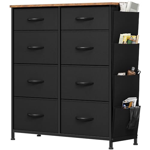 YITAHOME Chest of Drawers, Dresser with side pockets & hooks, Fabric 8 Drawers with Handles, Metal Frame, Wood Top, for Bedroom,Living Room,Hallway, Black